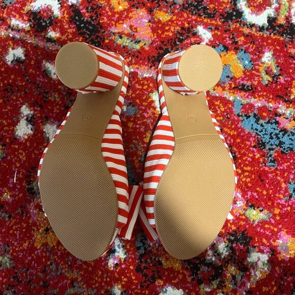 NWOT Red & White Striped Bows Peep Toe Heeled Mules - From Spain! - Size 37 6.5 - Picture 2 of 4